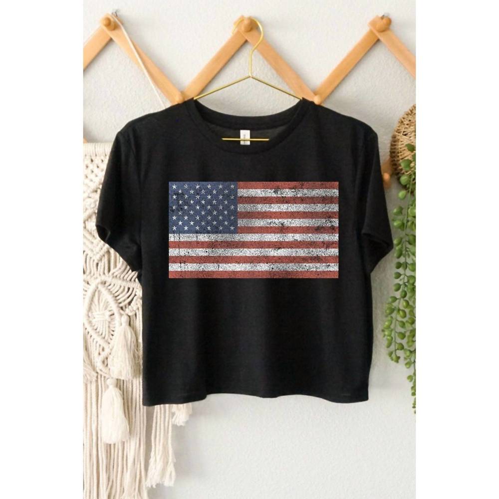 NEW HRT & LUV women's vintage american flags graphic top in black
